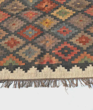 Geometric Handmade Wool Jute Kilim Rug, Tribal Boho Area Carpet, Flatweave Dhurrie Rug, Rustic Farmhouse Floor Rug, Custom Handmade Kilim