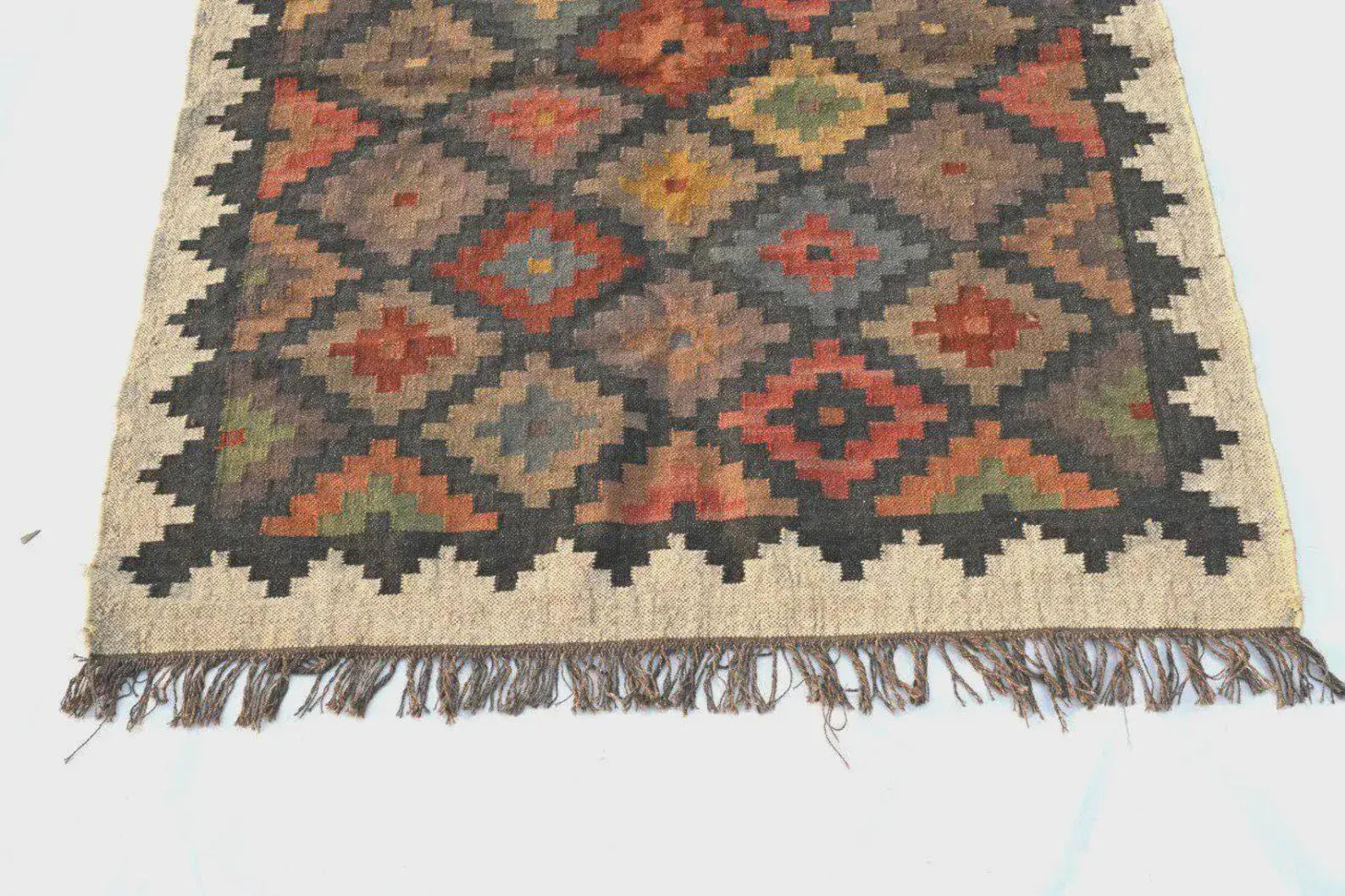 Geometric Handmade Wool Jute Kilim Rug, Tribal Boho Area Carpet, Flatweave Dhurrie Rug, Rustic Farmhouse Floor Rug, Custom Handmade Kilim
