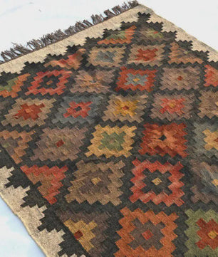 Geometric Handmade Wool Jute Kilim Rug, Tribal Boho Area Carpet, Flatweave Dhurrie Rug, Rustic Farmhouse Floor Rug, Custom Handmade Kilim