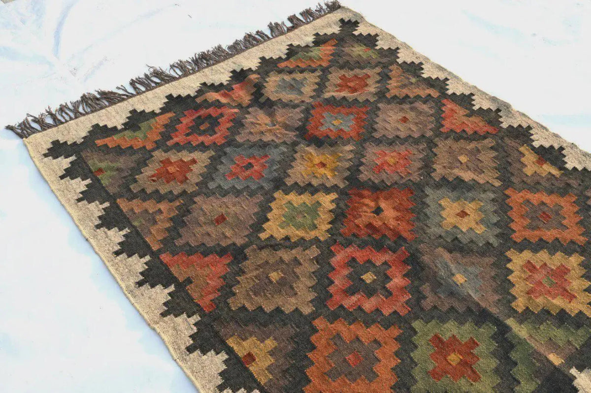 Geometric Handmade Wool Jute Kilim Rug, Tribal Boho Area Carpet, Flatweave Dhurrie Rug, Rustic Farmhouse Floor Rug, Custom Handmade Kilim