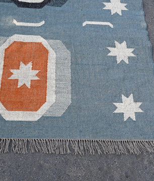 Blue Handmade Wool Jute Kilim Rug, Boho Area Rug, Scandinavian Flatweave Carpet, Tribal Dhurrie Rug, Custom Handmade Wool Rug