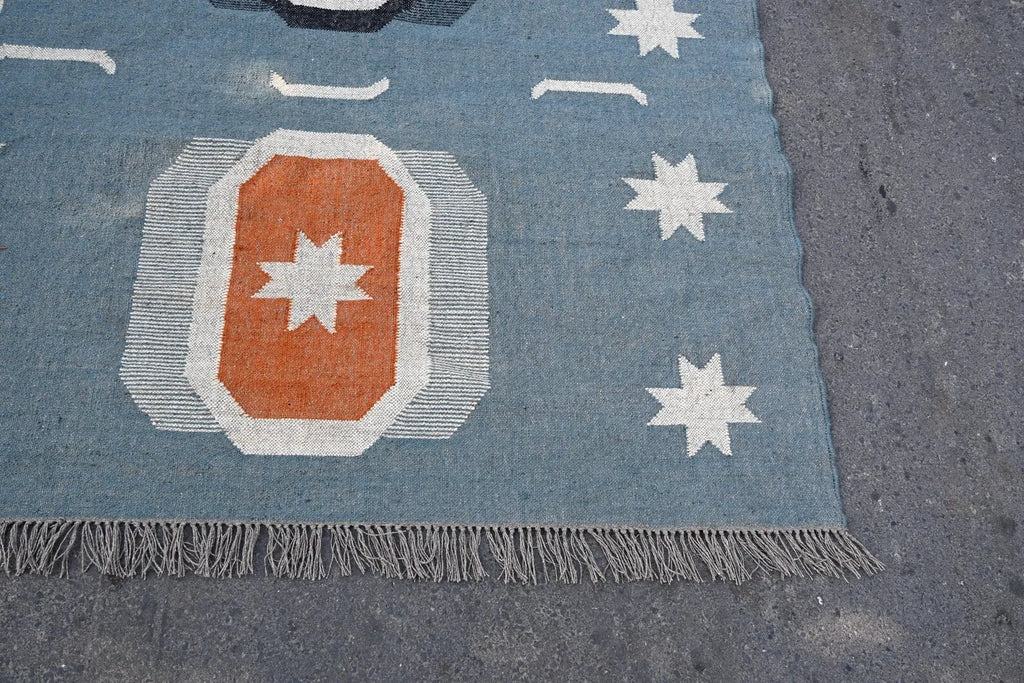 Blue Handmade Wool Jute Kilim Rug, Boho Area Rug, Scandinavian Flatweave Carpet, Tribal Dhurrie Rug, Custom Handmade Wool Rug