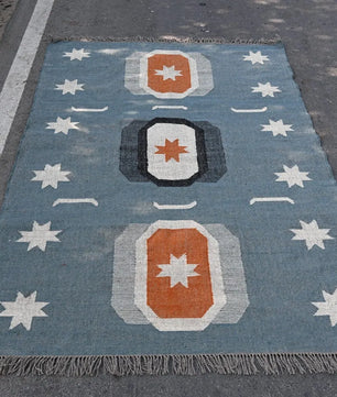 Blue Handmade Wool Jute Kilim Rug, Boho Area Rug, Scandinavian Flatweave Carpet, Tribal Dhurrie Rug, Custom Handmade Wool Rug