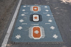 Blue Handmade Wool Jute Kilim Rug, Boho Area Rug, Scandinavian Flatweave Carpet, Tribal Dhurrie Rug, Custom Handmade Wool Rug