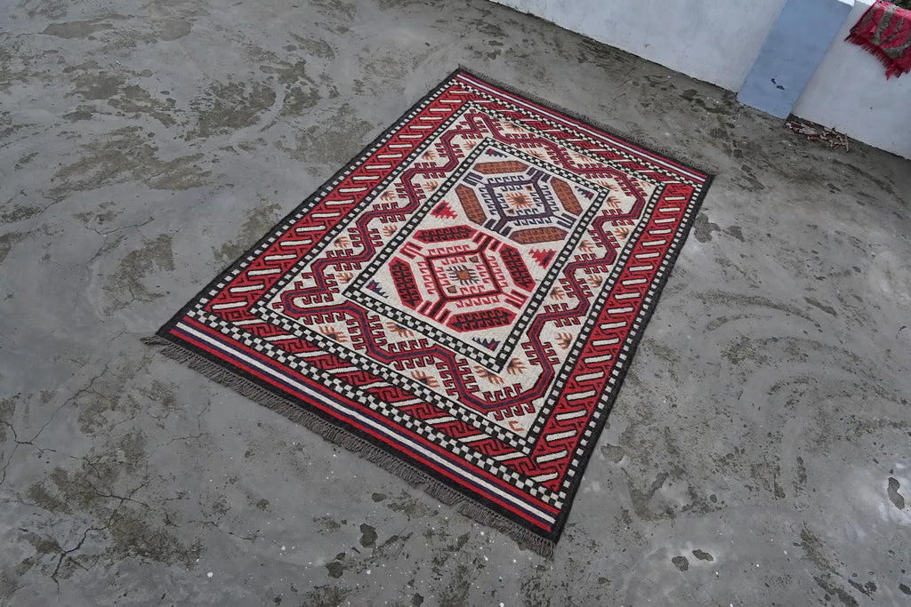 Handmade Navajo Style Wool Jute Kilim Rug – Reversible Tribal Area Carpet