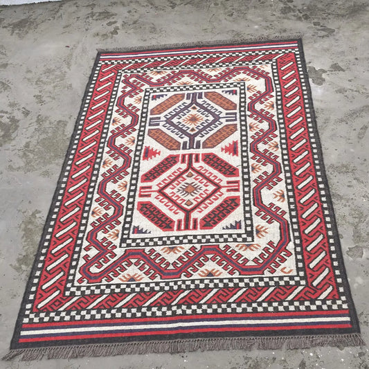 Handmade Navajo Style Wool Jute Kilim Rug – Reversible Tribal Area Carpet