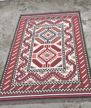 Handmade Navajo Style Wool Jute Kilim Rug – Reversible Tribal Area Carpet