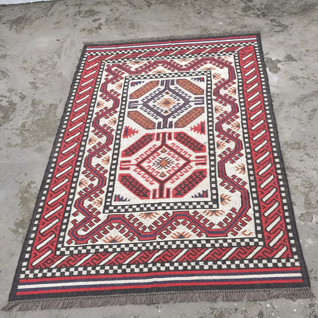 Handmade Navajo Style Wool Jute Kilim Rug – Reversible Tribal Area Carpet