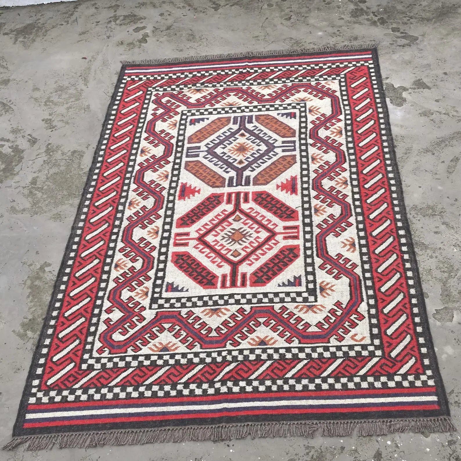 Handmade Navajo Style Wool Jute Kilim Rug – Reversible Tribal Area Carpet