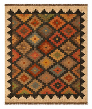 Geometric Handmade Wool Jute Kilim Rug, Tribal Boho Area Carpet, Flatweave Dhurrie Rug, Rustic Farmhouse Floor Rug, Custom Handmade Kilim