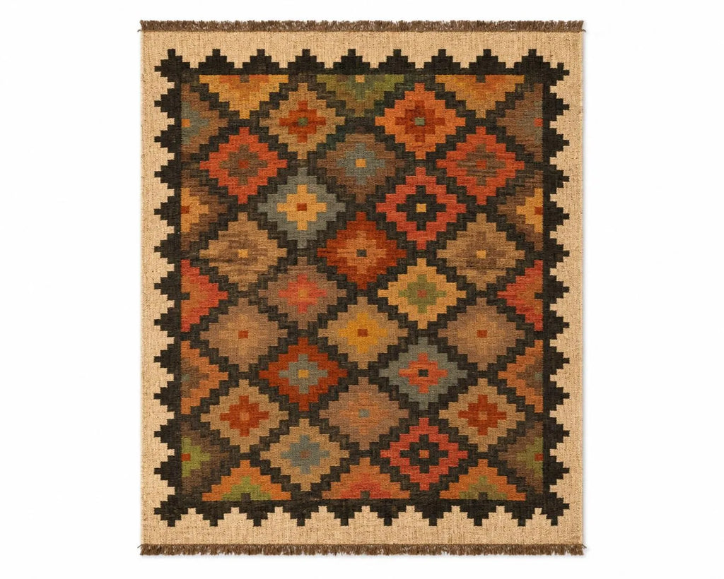 Geometric Handmade Wool Jute Kilim Rug, Tribal Boho Area Carpet, Flatweave Dhurrie Rug, Rustic Farmhouse Floor Rug, Custom Handmade Kilim