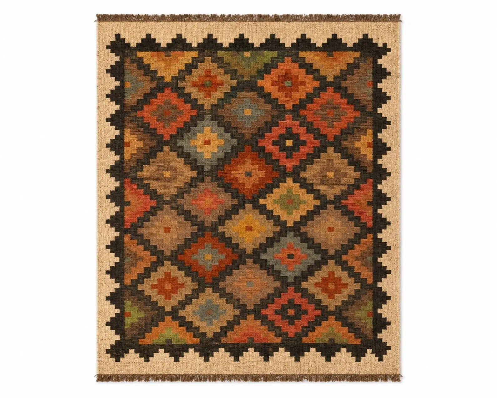 Geometric Handmade Wool Jute Kilim Rug, Tribal Boho Area Carpet, Flatweave Dhurrie Rug, Rustic Farmhouse Floor Rug, Custom Handmade Kilim