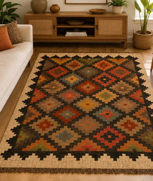 Geometric Handmade Wool Jute Kilim Rug, Tribal Boho Area Carpet, Flatweave Dhurrie Rug, Rustic Farmhouse Floor Rug, Custom Handmade Kilim