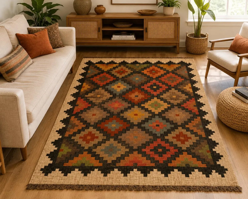 Geometric Handmade Wool Jute Kilim Rug, Tribal Boho Area Carpet, Flatweave Dhurrie Rug, Rustic Farmhouse Floor Rug, Custom Handmade Kilim
