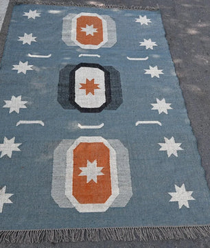 Blue Handmade Wool Jute Kilim Rug, Boho Area Rug, Scandinavian Flatweave Carpet, Tribal Dhurrie Rug, Custom Handmade Wool Rug