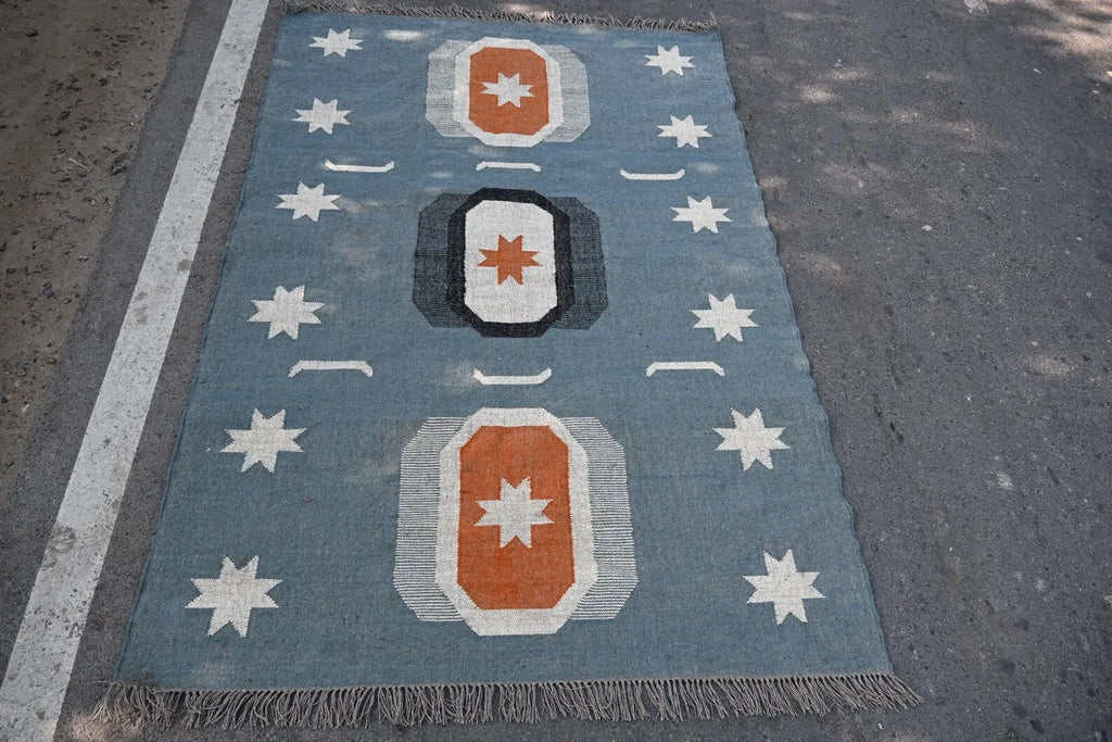 Blue Handmade Wool Jute Kilim Rug, Boho Area Rug, Scandinavian Flatweave Carpet, Tribal Dhurrie Rug, Custom Handmade Wool Rug