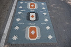 Blue Handmade Wool Jute Kilim Rug, Boho Area Rug, Scandinavian Flatweave Carpet, Tribal Dhurrie Rug, Custom Handmade Wool Rug