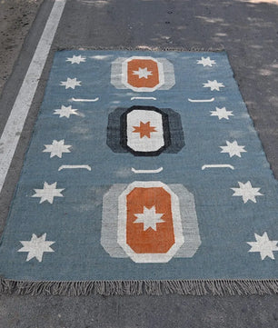 Blue Handmade Wool Jute Kilim Rug, Boho Area Rug, Scandinavian Flatweave Carpet, Tribal Dhurrie Rug, Custom Handmade Wool Rug