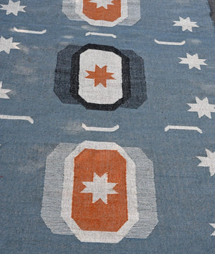 Blue Handmade Wool Jute Kilim Rug, Boho Area Rug, Scandinavian Flatweave Carpet, Tribal Dhurrie Rug, Custom Handmade Wool Rug