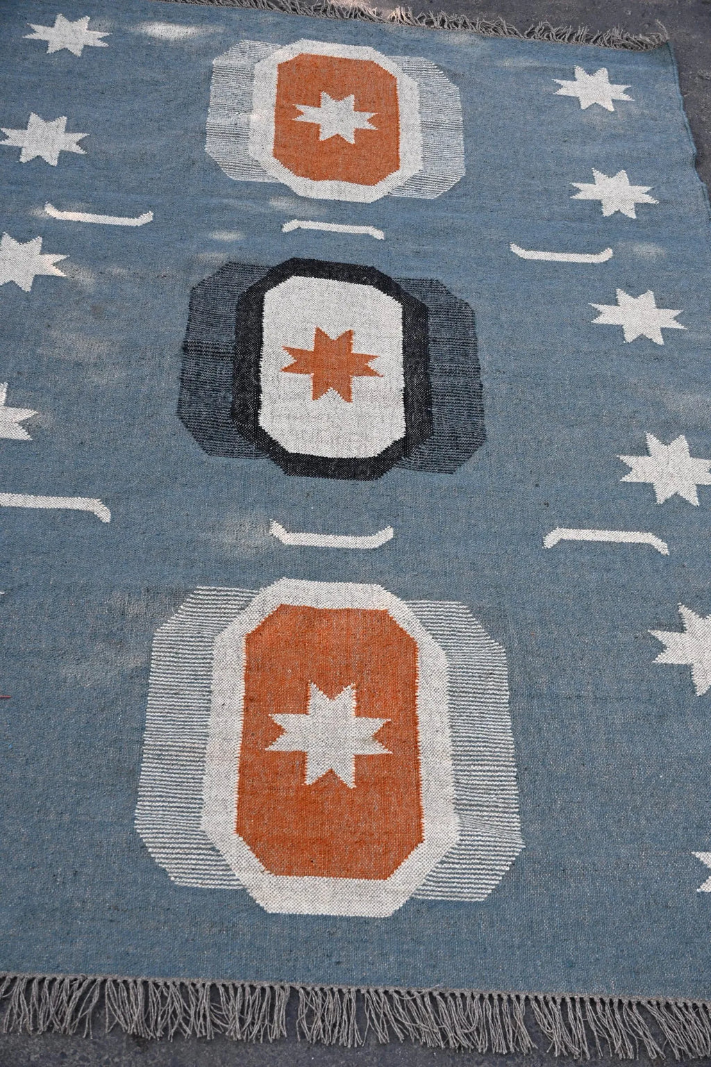 Blue Handmade Wool Jute Kilim Rug, Boho Area Rug, Scandinavian Flatweave Carpet, Tribal Dhurrie Rug, Custom Handmade Wool Rug