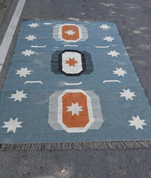 Blue Handmade Wool Jute Kilim Rug, Boho Area Rug, Scandinavian Flatweave Carpet, Tribal Dhurrie Rug, Custom Handmade Wool Rug