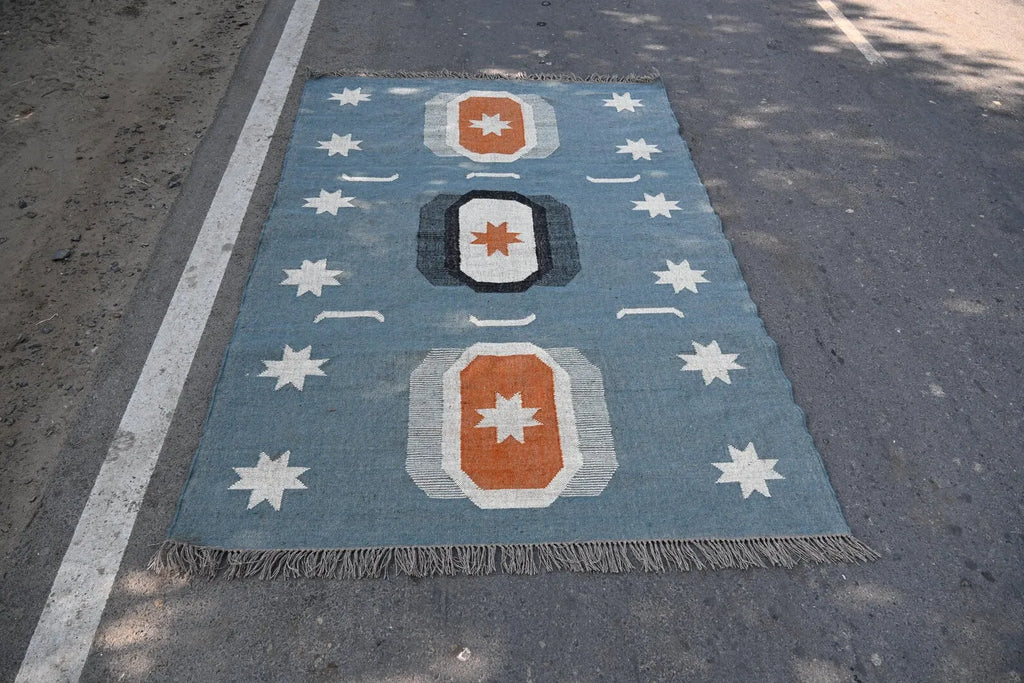 Blue Handmade Wool Jute Kilim Rug, Boho Area Rug, Scandinavian Flatweave Carpet, Tribal Dhurrie Rug, Custom Handmade Wool Rug