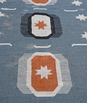 Blue Handmade Wool Jute Kilim Rug, Boho Area Rug, Scandinavian Flatweave Carpet, Tribal Dhurrie Rug, Custom Handmade Wool Rug