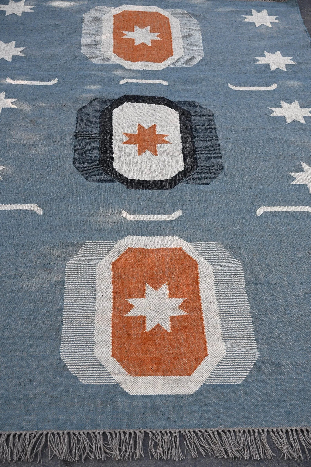 Blue Handmade Wool Jute Kilim Rug, Boho Area Rug, Scandinavian Flatweave Carpet, Tribal Dhurrie Rug, Custom Handmade Wool Rug