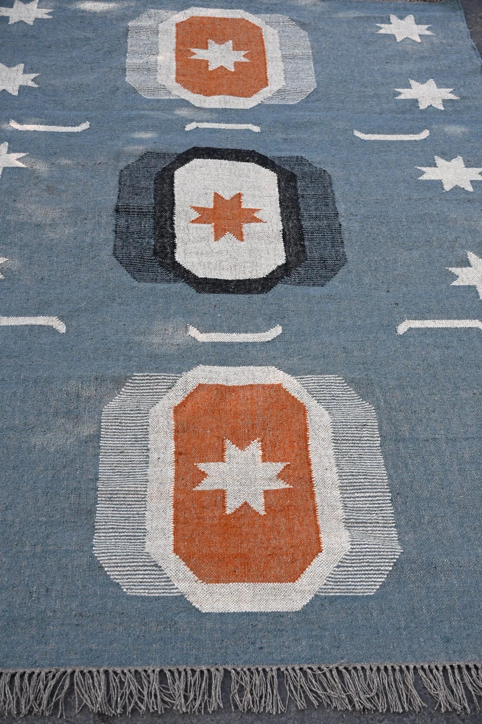 Blue Handmade Wool Jute Kilim Rug, Boho Area Rug, Scandinavian Flatweave Carpet, Tribal Dhurrie Rug, Custom Handmade Wool Rug