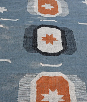 Blue Handmade Wool Jute Kilim Rug, Boho Area Rug, Scandinavian Flatweave Carpet, Tribal Dhurrie Rug, Custom Handmade Wool Rug