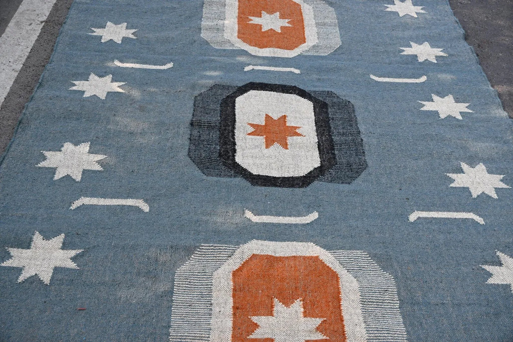 Blue Handmade Wool Jute Kilim Rug, Boho Area Rug, Scandinavian Flatweave Carpet, Tribal Dhurrie Rug, Custom Handmade Wool Rug