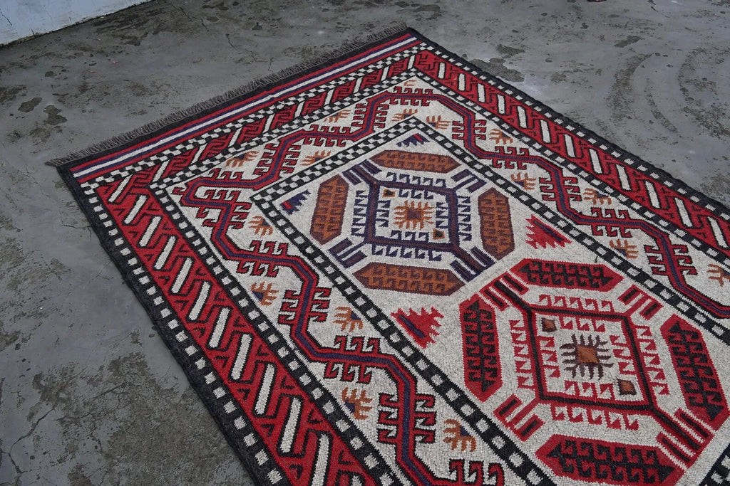 Handmade Navajo Style Wool Jute Kilim Rug – Reversible Tribal Area Carpet