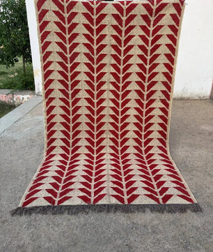 Handmade Red Geometric Wool Jute Kilim Area Rug with Tassels | Flatweave Tribal Rug for Living Room, Bedroom & Home Decor