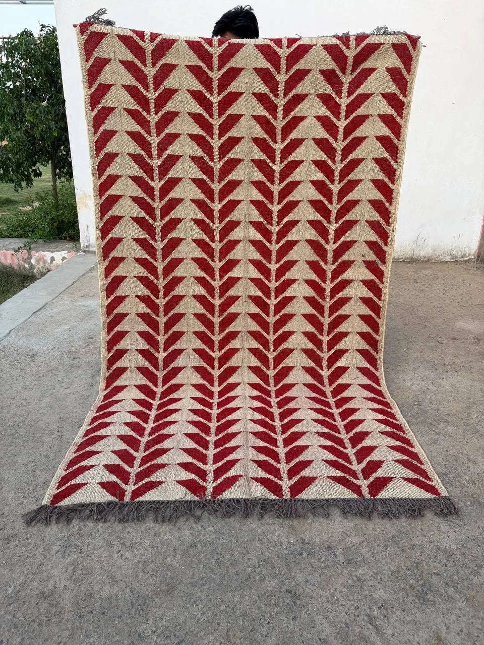 Handmade Red Geometric Wool Jute Kilim Area Rug with Tassels | Flatweave Tribal Rug for Living Room, Bedroom & Home Decor