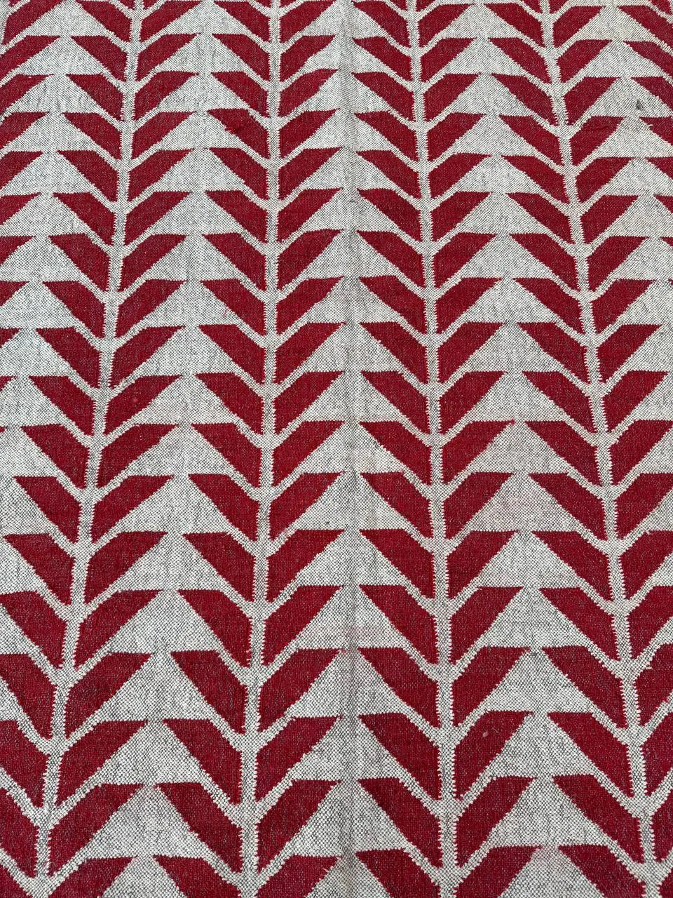 Handmade Red Geometric Wool Jute Kilim Area Rug with Tassels | Flatweave Tribal Rug for Living Room, Bedroom & Home Decor
