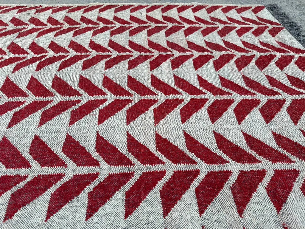 Handmade Red Geometric Wool Jute Kilim Area Rug with Tassels | Flatweave Tribal Rug for Living Room, Bedroom & Home Decor