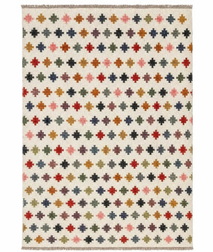 Handwoven Multicolor Wool Jute Kilim Area Rug – Handmade Tribal Flatweave Dhurrie with Geometric Cross Pattern