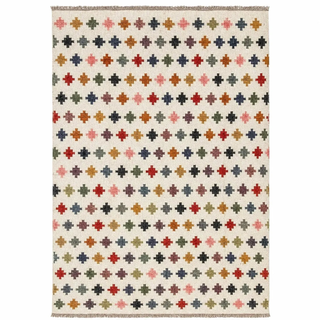 Handgeweefde Veelkleurige Wol Jute Kilim Area Rug – Handgemaakte Stam Platweef Dhurrie met Geometriese Kruispatroon