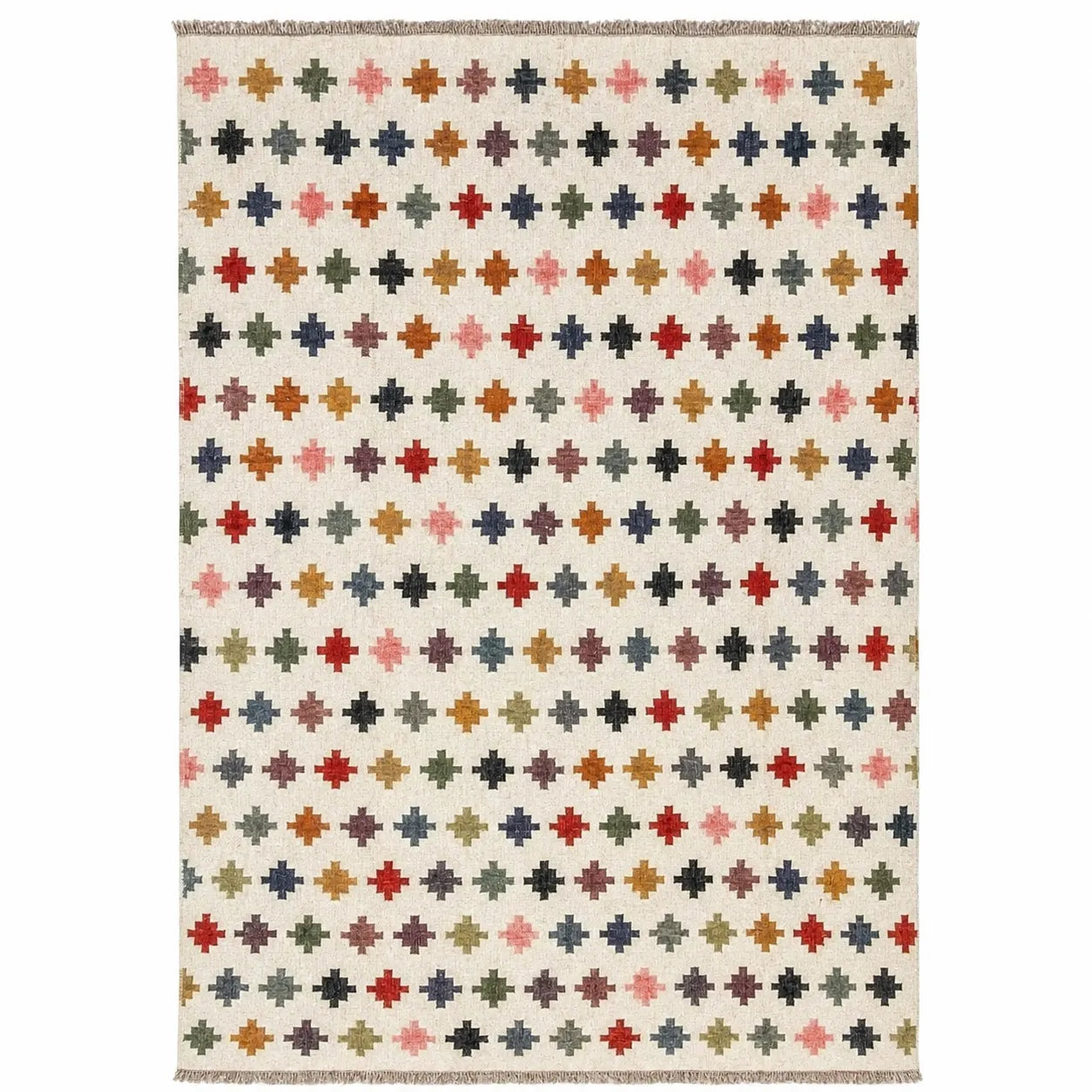 Handwoven Multicolor Wool Jute Kilim Area Rug – Handmade Tribal Flatweave Dhurrie with Geometric Cross Pattern