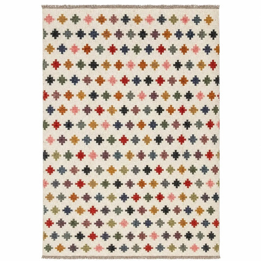 Handwoven Multicolor Wool Jute Kilim Area Rug – Handmade Tribal Flatweave Dhurrie with Geometric Cross Pattern