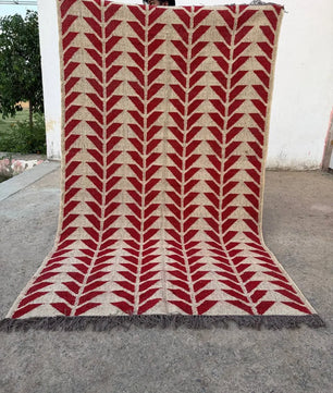 Handmade Red Geometric Wool Jute Kilim Area Rug with Tassels | Flatweave Tribal Rug for Living Room, Bedroom & Home Decor