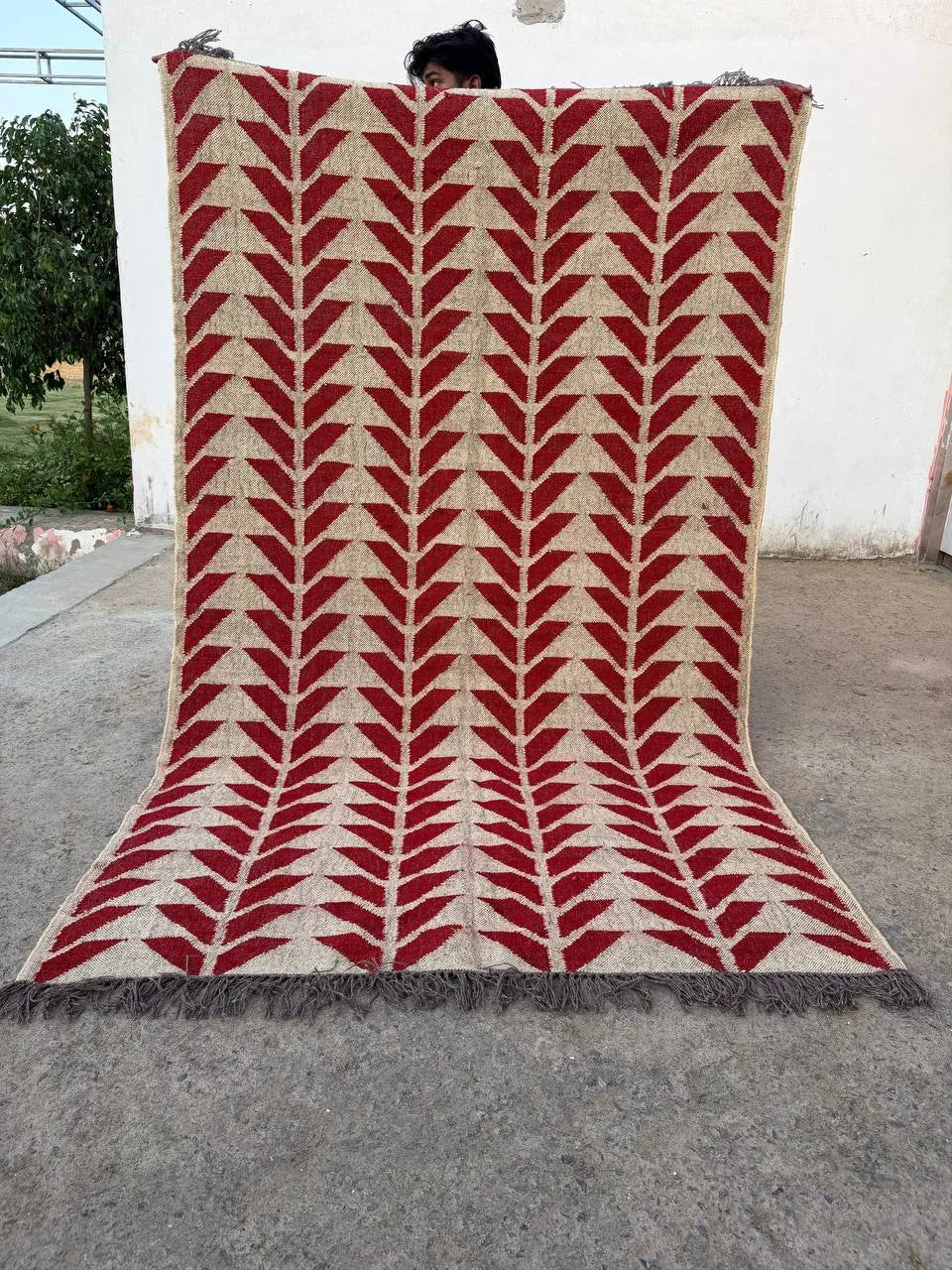 Handmade Red Geometric Wool Jute Kilim Area Rug with Tassels | Flatweave Tribal Rug for Living Room, Bedroom & Home Decor