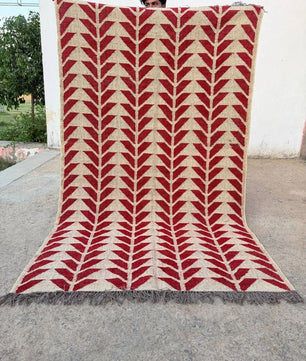 Handmade Red Geometric Wool Jute Kilim Area Rug with Tassels | Flatweave Tribal Rug for Living Room, Bedroom & Home Decor