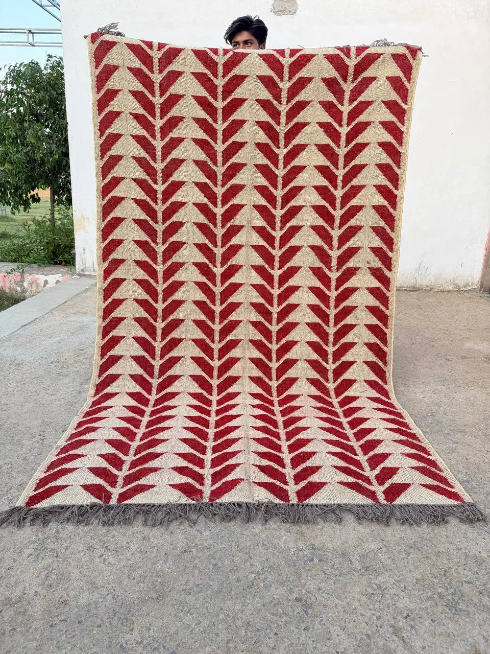 Handmade Red Geometric Wool Jute Kilim Area Rug with Tassels | Flatweave Tribal Rug for Living Room, Bedroom & Home Decor