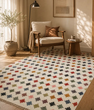 Handwoven Multicolor Wool Jute Kilim Area Rug – Handmade Tribal Flatweave Dhurrie with Geometric Cross Pattern