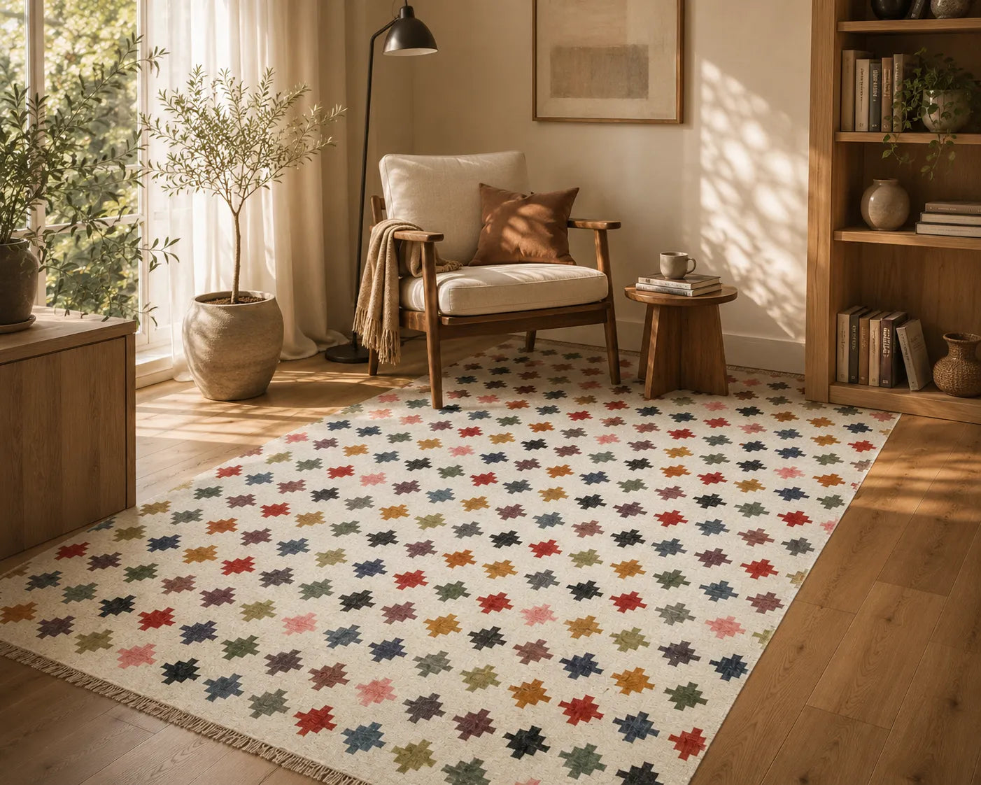 Handwoven Multicolor Wool Jute Kilim Area Rug – Handmade Tribal Flatweave Dhurrie with Geometric Cross Pattern