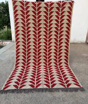Handmade Red Geometric Wool Jute Kilim Area Rug with Tassels | Flatweave Tribal Rug for Living Room, Bedroom & Home Decor