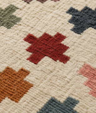 Handwoven Multicolor Wool Jute Kilim Area Rug – Handmade Tribal Flatweave Dhurrie with Geometric Cross Pattern
