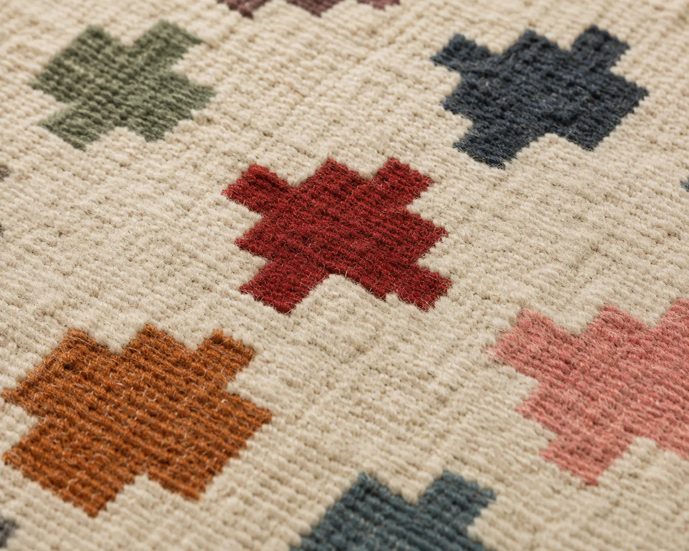 Handwoven Multicolor Wool Jute Kilim Area Rug – Handmade Tribal Flatweave Dhurrie with Geometric Cross Pattern