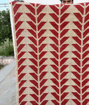 Handmade Red Geometric Wool Jute Kilim Area Rug with Tassels | Flatweave Tribal Rug for Living Room, Bedroom & Home Decor